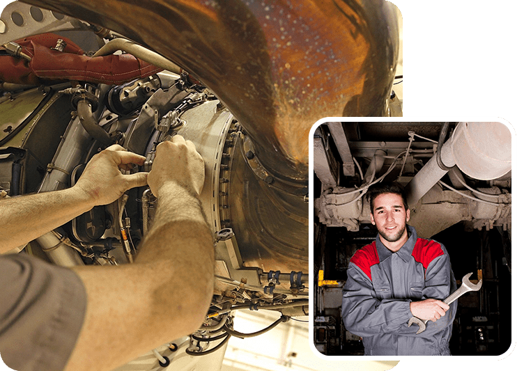 A man working on an airplane in front of a picture.