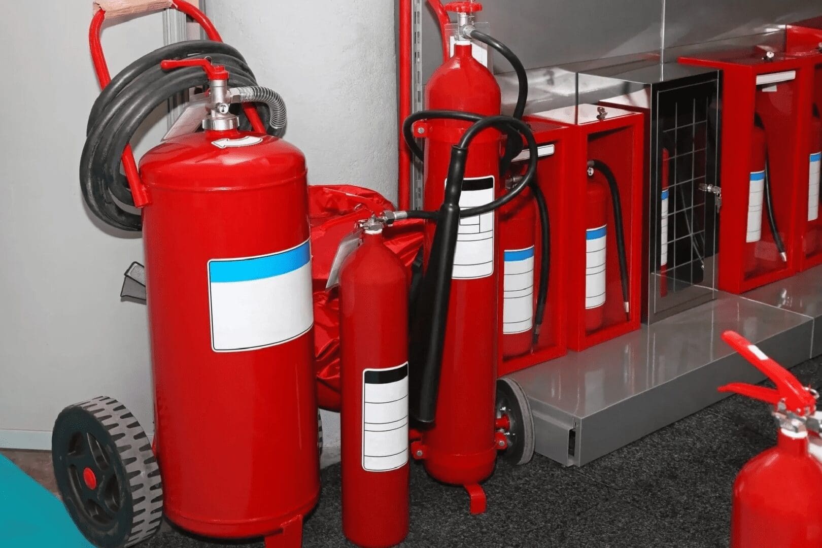 A group of red fire extinguishers next to each other.