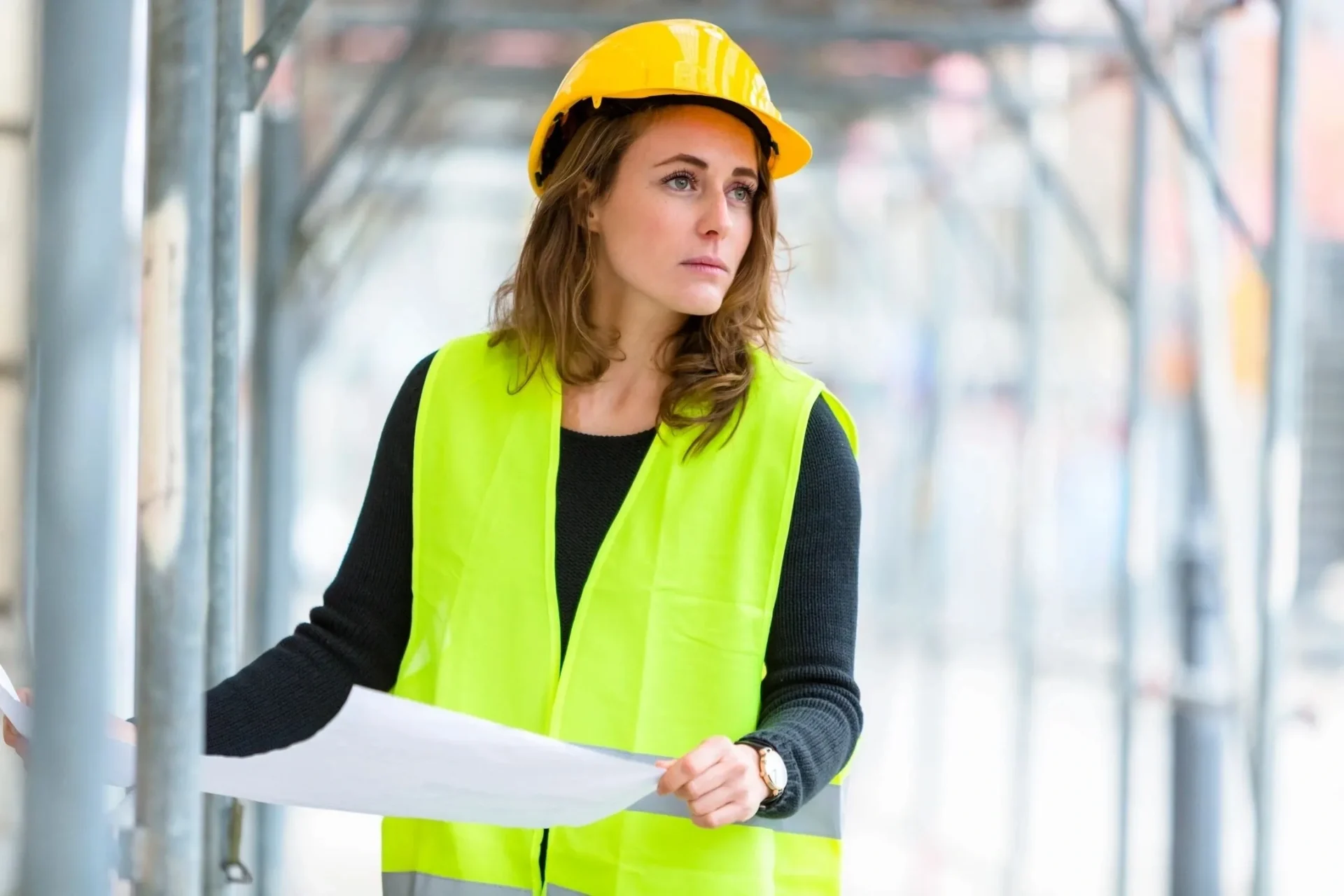 A woman in yellow vest and hard hat holding papers.